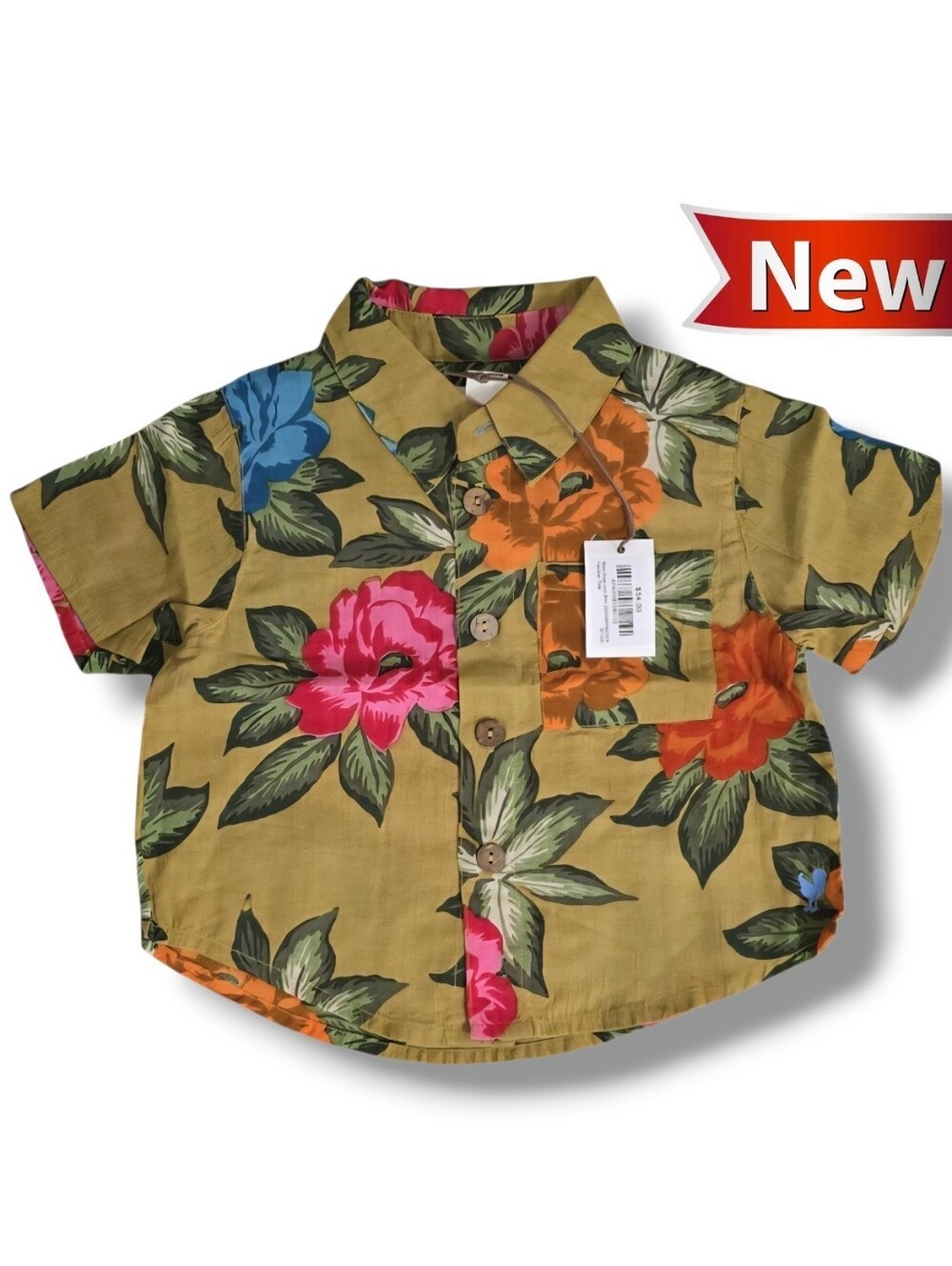 NWT Blue Rooster Floral Hawaiian Print Short Sleeve Linen Button Up 6-12m